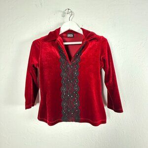 Vintage Baranda Womens Red Velvet Top 3/4 Sleeve Black Lace Beads Detail Casual